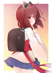 Rule 34 | 1girl, backpack, bag, black bag, border, brown hair, closed mouth, headgear, highres, japanese clothes, kimono, looking at viewer, looking back, outside border, randoseru, red eyes, sechin, short kimono, short yukata, signature, skirt, solo, sparkle, touhoku kiritan, voiceroid, white border, yukata