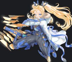 1girl absurdres armor armored_bodysuit armored_boots armored_gloves armored_legwear bandaid bandaid_on_cheek bandaid_on_face black_background black_bodysuit blonde_hair blue_eyes bodysuit boots chest_armor coat elazale energy_cannon floating full_body fur_collar goddess_of_victory:_nikke headgear highres holding holding_weapon laplace_(nikke) laser_cannon long_hair looking_at_viewer parted_lips sidelocks simple_background solo squatting twintails two-handed two-tone_gloves weapon white_coat