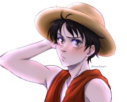 1boy :/ black_hair brown_eyes commentary_request facial_scar hand_on_own_head hat highres itsnailasart male_focus monkey_d._luffy one_piece raised_eyebrow red_vest scar scar_on_cheek scar_on_face solo spanish_commentary sun_hat twitter_username vest