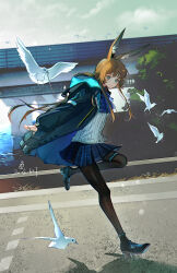 1girl absurdres amiya_(arknights) animal animal_ears anklet aqua_eyes arknights ascot bird black_jacket black_pantyhose black_shoes blue_ascot blue_skirt brown_hair chromatic_aberration closed_mouth commentary dated day full_body highres jacket jewelry leg_up lois_(user_gdtm7844) long_hair long_sleeves material_growth miniskirt multiple_rings open_clothes open_jacket oripathy_lesion_(arknights) outdoors pantyhose plaid_clothes plaid_skirt ribbed_shirt ring shirt shoes skirt smile solo standing standing_on_one_leg sunlight symbol-only_commentary thighlet white_bird white_shirt
