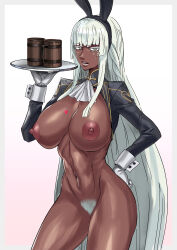1girl abs absurdres akisora animal_ears ass breasts brigitta_(metaphor:_refantazio) colored_eyelashes commentary_request dark-skinned_female dark_skin facial_mark female_pubic_hair grey_eyes hand_on_own_hip heart highres holding holding_tray large_breasts long_hair metaphor:_refantazio pubic_hair rabbit_ears reverse_bunnysuit reverse_outfit tankard tray white_eyelashes white_hair