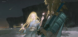 1boy 1girl akihare alternate_costume beach blue_eyes braid closed_eyes crown_braid ear_piercing fireworks floating_hair highres holding holding_fireworks holding_sword holding_weapon link long_hair looking_at_another night night_sky nintendo ocean open_mouth outdoors palm_tree piercing pointy_ears ponytail princess_zelda sand shadow shooting_star short_hair short_ponytail sky smile sparkler star_(sky) sword the_legend_of_zelda the_legend_of_zelda:_tears_of_the_kingdom tree water weapon wide_sleeves