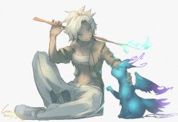 Rule 34 | 1girl, character request, copyright request, dark skin, fire, navel, sarashi, smile, tagme, wawon (wan wawon)