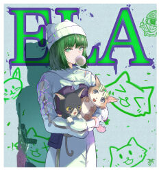 1girl absurdres animal arknights cat character_name chewing_gum ela_(rainbow_six_siege) ela_(safehouse)_(rainbow_six_siege) eyewear_on_head graffiti green_eyes green_hair gun hat highres holding holding_animal holding_cat mole mole_under_eye rainbow_six_siege tadanoyumedesu weapon
