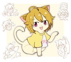 +_+ :3 ahoge animal animal_ear_fluff animal_focus animalization blonde_hair border bread cat clothed_animal commentary_request fang food full_body guitar hair_flaps ibuki_tsubasa idolmaster idolmaster_million_live! instrument korean_commentary looking_at_viewer melon_bread millcookie_pro multiple_views no_humans open_mouth outline pink_eyes rocket shirt short_hair simple_background sitting sparkle star_(symbol) t-shirt whiskers white_border white_cat white_outline yellow_background