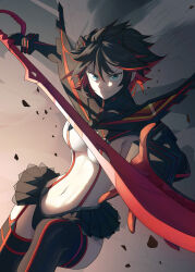 1girl absurdres black_hair black_thighhighs breasts highres incoming_attack kill_la_kill looking_at_viewer matoi_ryuuko multicolored_hair navel red_hair revealing_clothes sand41 scissor_blade_(kill_la_kill) senketsu short_hair solo streaked_hair thighhighs two-tone_hair v-shaped_eyebrows