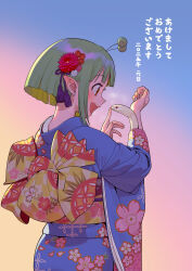 Rule 34 | 1girl, animal, animal in clothes, antennae, bob cut, chinese zodiac, commentary request, earrings, floral print, flower, gradient sky, green hair, hair flower, hair ornament, highres, japanese clothes, jewelry, kimono, nanamesohuutei, nengajou, new year, obi, open mouth, original, pointy ears, print kimono, print sash, profile, sash, sky, snake, solo, white snake, wide sleeves, year of the snake