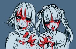 1boy 1girl blood blood_from_mouth blood_in_hair blood_on_arm blood_on_clothes blood_on_face blood_on_hands blue_background brother_and_sister eyelashes fingernails greyscale hair_between_eyes hand_up long_hair looking_at_viewer monochrome nosebleed open_mouth outstretched_arms siblings simple_background teeth the_hundred_line_-last_defense_academy- tsukumo_ima tsukumo_kako twins twintails upper_body zombie