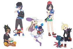2girls 3boys agata_(agatha) backpack bad_id bad_twitter_id bag baseball_cap beanie black_eyes black_hair blonde_hair braid capri_pants cosmog creatures_(company) dark-skinned_male dark_skin dress duffel_bag elio_(pokemon) from_behind game_freak gen_2_pokemon gen_7_pokemon gladion_(pokemon) green_eyes green_hair hair_over_one_eye handbag hat hau_(pokemon) hood hoodie legendary_pokemon lillie_(pokemon) litten long_hair multiple_boys multiple_girls nintendo open_mouth pants pokemon pokemon_(creature) pokemon_sm ponytail popplio red_hat rowlet see-through_clothes selene_(pokemon) shirt short_hair shorts simple_background sitting sleeveless sleeveless_dress sneasel starter_pokemon_trio striped_clothes striped_shirt sun_hat tied_shirt torn_clothes torn_pants twin_braids white_background white_dress white_hat