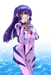 1girl blue_hairband blunt_bangs blunt_ends blush bodysuit breasts caustics chest_jewel cosplay cowboy_shot gem grendizer_u grey_eyes hairband hand_to_own_mouth hands_up long_hair looking_at_viewer makinami_mari_illustrious makinami_mari_illustrious_(cosplay) mazinger_(series) mecha_pilot_suit neon_genesis_evangelion onnaski parted_lips pink_bodysuit plugsuit_(evangelion) purple_hair rebuild_of_evangelion red_gemstone solo ufo_robo_grendizer water yumi_sayaka