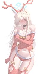 1girl absurdres alternate_costume animal_costume animal_ear_fluff animal_ears antlers bell black_choker blonde_hair blue_archive blue_eyes blush bow chojja choker closed_mouth dog_ears dog_girl elbow_gloves embarrassed extra_ears fake_antlers gloves hair_over_one_eye hairband highres horns jingle_bell kanna_(blue_archive) long_hair panties red_garter_straps red_gloves red_hairband red_panties red_shirt red_thighhighs reindeer_antlers reindeer_costume shirt sidelocks sleeveless sleeveless_shirt solo thighhighs underwear yellow_bow