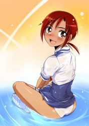 10s 1girl ass brown_eyes brown_hair ez6 female_focus hino_akane_(smile_precure!) looking_back open_mouth panties precure red_eyes red_hair sitting smile_precure! socks solo underwear water white_panties white_socks