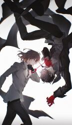 2boys absurdres akechi_gorou amamiya_ren black_coat black_gloves black_hair black_necktie black_pants black_shoes brown_hair brown_jacket clenched_hand closed_mouth coat collared_shirt cuffs doran_(doran7280) floating floating_clothes gloves grey_eyes grey_shirt handcuffs highres jacket joker_(persona_5) long_sleeves looking_at_another male_focus mask multiple_boys necktie pants parted_lips persona persona_5 red_eyes red_gloves school_uniform shared_handcuffs shirt shoes short_hair simple_background smile striped_necktie upside-down walking white_background white_shirt yaoi