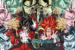 2boys absurdres bare_pectorals biceps black_hair dbkenkyuusei dragon_ball dragon_ball_heroes earrings fusion fusion_dance gogeta gogeta_(xeno) highres huge_filesize jewelry kamehameha_(dragon_ball) looking_at_viewer male_focus metamoran_vest monkey_boy monkey_tail multiple_boys multiple_views no_nipples pants pectorals potara_earrings red_fur red_hair red_pants spiked_hair super_saiyan super_saiyan_1 super_saiyan_3 super_saiyan_4 tail vegetto vegetto_(xeno)