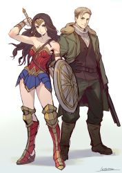 1boy 1girl armor black_gloves blonde_hair blue_skirt boobplate boots breastplate brown_footwear brown_hair closed_mouth coat commentary_request contrapposto dc_comics fur_trim gloves green_coat green_pants grey_eyes hand_on_own_hip highres holding holding_sword holding_weapon kotatsu_(g-rough) long_hair looking_at_viewer pants parted_bangs pteruges ribbed_sweater sabatons signature simple_background skirt smile standing steve_trevor sweater sword tiara vambraces vest weapon weapon_on_back white_background white_sweater wonder_woman wonder_woman_(series)