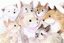:3 absurdres animal_focus closed_eyes closed_mouth ezo_red_fox fennec_fox ferret fluefluekoubo26 fox highres no_humans original painting_(medium) simple_background tail traditional_media watercolor_(medium) whiskers white_background