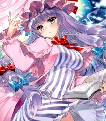 1girl alternate_eye_color blue_bow blue_ribbon blunt_bangs book bow bowtie chacham chinese_commentary commentary_request cowboy_shot dress fingernails floating_clothes floating_hair frilled_dress frills grey_eyes grey_nails hair_bow hand_up hat hat_ribbon holding holding_book light_particles long_hair mob_cap patchouli_knowledge pink_hat purple_hair red_bow red_bowtie red_ribbon ribbon sharp_fingernails sidelocks solo striped_clothes striped_dress touhou twitter_username vertical-striped_clothes vertical-striped_dress very_long_hair