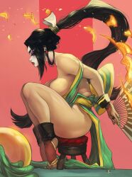 1girl absurdres bare_shoulders black_hair breasts brown_hair commentary earrings elsevilla english_commentary facepaint folding_fan geisha green_nails hand_fan highres jewelry large_breasts long_hair looking_at_viewer looking_to_the_side mole nail_polish no_bra no_panties off_shoulder parted_lips ponytail red_eyes shiranui_mai sideways_glance sitting solo stool the_king_of_fighters thick_thighs thighs very_long_hair white_facepaint wide_hips