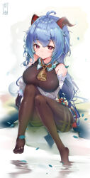 1girl ahoge arm_under_breasts bare_shoulders bell black_pantyhose blue_hair blush bodystocking breasts commentary_request cowbell feet full_body ganyu_(genshin_impact) genshin_impact goat_horns half-closed_eyes highres horns medium_breasts neck_bell no_shoes pantyhose purple_eyes revision scup soles solo water