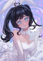 1girl black_hair blue_eyes bow breasts commission highres long_hair looking_at_viewer original rabbit skeb_commission solo twintails usagimarumei