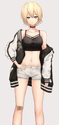 Rule 34 | 1girl, absurdres, bandaid, bandaid on knee, bandaid on leg, bare shoulders, black choker, black jacket, black shirt, blonde hair, breasts, bright pupils, camisole, choker, closed mouth, collarbone, crop top, earrings, expressionless, feet out of frame, hand on own hip, highres, indie virtual youtuber, jacket, jewelry, kushinaka, long sleeves, looking at viewer, maomi yuka, medium breasts, midriff, navel, off shoulder, open clothes, open jacket, shirt, short hair, short shorts, shorts, simple background, sleeveless, sleeveless shirt, solo, spaghetti strap, stomach, thighs, virtual youtuber, white background, white shorts, white sleeves, yellow eyes