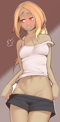 1girl absurdres averting_eyes black_pants blonde_hair blush breasts brown_background cleavage clothes_pull collarbone covered_erect_nipples cowboy_shot dark-skinned_female dark_skin embarrassed forehead from_below gravity_daze highres kitten_(gravity_daze) long_hair looking_to_the_side medium_breasts midriff navel nickleflick pants red_eyes shadow shirt short_shorts shorts sidelocks simple_background solo strap_slip tank_top undressing white_shirt