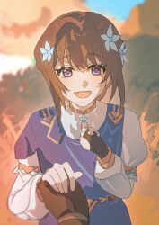 1boy 1girl aether_(genshin_impact) black_gloves blue_dress brown_hair direidyth_(genshin_impact) dress flower genshin_impact gloves hair_flower hair_ornament highres long_hair long_sleeves looking_at_viewer open_mouth out_of_frame pov purple_eyes sidelighting smile solo_focus sorashiro_(neineiru) two-tone_dress upper_body white_dress white_flower