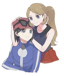 1boy 1girl atsumi_yoshioka blue_jacket brown_hair calem_(pokemon) closed_mouth collarbone collared_shirt commentary_request eye_contact eyewear_on_headwear grey_eyes hand_on_another&#039;s_head hat jacket looking_at_another nintendo parted_bangs pokemon pokemon_xy ponytail red_hat red_skirt serena_(pokemon) shirt simple_background skirt smile sunglasses white_background zipper_pull_tab