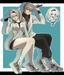 1boy 1girl aqua_background ball baseball_bat black_hairband black_pants black_shirt black_shorts caelus_(honkai:_star_rail) firefly_(honkai:_star_rail) gradient_clothes gradient_eyes gradient_hair gradient_jacket green_pupils grey_hair hair_between_eyes hair_intakes hairband hand_on_another&#039;s_stomach highres holding holding_ball holding_baseball_bat honkai:_star_rail honkai_(series) jacket multicolored_eyes multicolored_hair open_mouth pants shirt shorts side_ponytail sieater07 socks solo trailblazer_(honkai:_star_rail) white_socks