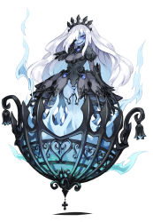 1girl :d @_@ armor black_dress black_gloves blue_eyes blue_fire blue_skin blue_theme blush colored_skin covered_navel cross crown dress elbow_gloves evil_smile female_focus fire full_body gauntlets ghost gloves goth_fashion groin hair_over_one_eye hand_on_own_face heart highres impossible_clothes impossible_shirt kenkou_cross long_hair looking_at_viewer monster_girl monster_girl_encyclopedia monster_girl_encyclopedia_ii no_panties no_pussy official_art open_mouth puffy_sleeves shirt simple_background smile solo standing taut_clothes thighhighs tiara very_long_hair wavy_hair white_background white_hair will-o&#039;-the-wisp_(monster_girl_encyclopedia) will-o-the-wisp_(monster_girl_encyclopedia)