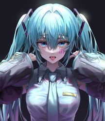 1girl aqua_hair black_background blue_eyes breasts collared_shirt commentary detached_sleeves eyelashes facial_mark frills grey_shirt hair_between_eyes hair_intakes hair_ornament hands_up hatsune_miku highres long_hair nagul number_tattoo sanpaku shirt sidelocks simple_background solo straight-on symbol-only_commentary tattoo tongue tongue_out twintails upper_body vocaloid