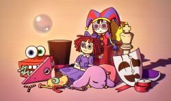 blue_gloves brown_hair bubble button_eyes buttons caine_(the_amazing_digital_circus) chess_piece closed_eyes doll gangle_(the_amazing_digital_circus) gloves hat heterochromia highres jack-in-the-box jax_(the_amazing_digital_circus) jester jester_cap king_(chess) kinger_(the_amazing_digital_circus) mask no_humans overalls pomni_(the_amazing_digital_circus) puffy_sleeves rabbit ragatha_(the_amazing_digital_circus) red_hair red_overalls robe simple_background stuffed_animal stuffed_rabbit stuffed_toy tape teeth the_amazing_digital_circus top_hat yarn yilinsgarden zooble_(the_amazing_digital_circus)