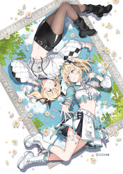 2girls aqua_eyes aqua_shirt aqua_socks asymmetrical_sleeves belt black_belt black_leg_warmers black_shoes black_skirt blonde_hair boots bow brown_pantyhose chest_harness cloud cloudy_sky collared_shirt commentary_request company_name copyright_notice cropped_hoodie cropped_shirt crossed_bangs detached_sleeves drawstring dual_persona flower full_body grey_shirt hair_bow harness highres hololive hololive_idol_uniform_(color_rise) hood hood_down hoodie idol_clothes jewelry kazama_iroha kazama_iroha_(pop_dance) lace-up_boots layered_skirt leaf leg_warmers long_sleeves looking_at_another medium_hair midriff miniskirt mismatched_sleeves multiple_girls nardack navel necklace official_alternate_costume official_alternate_hairstyle official_art open_hand pantyhose parted_lips platform_boots pleated_skirt ponytail quilted_clothes shadow shirt shoes short_shorts shorts single_bare_shoulder single_detached_sleeve single_sleeve skirt sky smile socks thigh_strap three-quarter_sleeves twintails two-tone_shirt upside-down virtual_youtuber white_belt white_boots white_flower white_hoodie white_shirt white_skirt wristband