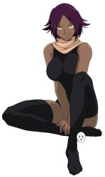 Rule 34 | 1girl, 2021, bare shoulders, black leotard, black thighhighs, bleach, breasts, caisama, dark-skinned female, dark skin, female focus, large breasts, leotard, long hair, parted bangs, shihouin yoruichi, smile, thighhighs, yellow eyes