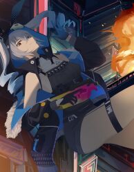 1girl :d absurdres alter_sang black_gloves black_jacket black_shorts breasts bronya_zaychik bronya_zaychik_(haxxor_bunny) bullpup city drill_hair explosion gloves grey_eyes grey_hair grin gun highres holding holding_gun holding_weapon honkai_(series) honkai_impact_3rd jacket long_hair long_sleeves looking_at_viewer night night_sky open_mouth outdoors p90 shorts sky small_breasts smile solo submachine_gun thigh_strap trigger_discipline twin_drills weapon