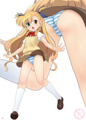 Rule 34 | 1girl, absurdres, ass, blonde hair, blue panties, bow, bowtie, brown eyes, brown shoes, brown skirt, commentary request, commission, green eyes, heterochromia, highres, long hair, looking at viewer, lyrical nanoha, mahou shoujo lyrical nanoha vivid, miniskirt, mtu virus, multiple views, nao suke, open mouth, panties, red bow, red bowtie, ribbon, shirt, shoes, short sleeves, skeb commission, skirt, socks, striped clothes, striped panties, sweater vest, two side up, underwear, upskirt, very long hair, vivio, white shirt, white socks, yellow sweater vest