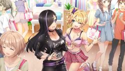 6+girls ;d bare_shoulders belt black_choker black_hair black_jacket black_pants blonde_hair blue_eyes braid breasts butterfly_hair_ornament choker cleavage dolphin_wave game_cg hair_ornament hair_over_one_eye highres izumi_kiri jacket jewelry kurose_minami large_breasts leather leather_jacket leg_up long_hair multicolored_hair multiple_girls necklace non-web_source off-shoulder_shirt off_shoulder official_art one_eye_closed ootomo_takuji open_mouth pants pink_skirt plaid_clothes plaid_skirt pleated_skirt purple_hair shirt side_ponytail sidelocks skirt smile standing standing_on_one_leg streaked_hair twin_braids