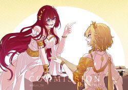 2girls absurdres aglaea_(honkai:_star_rail) ancient_greek_clothes bare_shoulders blonde_hair blue_eyes bracelet breasts commission cross-shaped_pupils dress gold_armlet gold_bracelet greco-roman_clothes green_eyes highres honkai:_star_rail honkai_(series) jewelry latte_(leuvi_tte) laurel_crown long_hair looking_at_another missing_commentary multiple_girls pointy_ears red_hair scroll short_hair smile symbol-shaped_pupils tribios_(honkai:_star_rail) very_long_hair white_dress