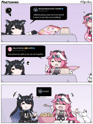 ? animal_ear_fluff animal_ears belt black_cloud black_hair blush bowl cat cat_ears chibi chips_(food) depressed eating english_text fang food goggles goggles_on_head hair_intakes hair_ornament happy hololive hololive_english john_cat_(koseki_bijou) mole mole_under_eye multicolored_hair nerissa_ravencroft nerissa_ravencroft_(1st_costume) oguma_shiro panther_ears panther_girl panther_tail pink_hair potato_chips pudding raora_panthera raora_panthera_(1st_costume) sharing_food speech_bubble spoon table tail two-tone_hair