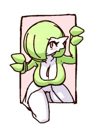 1girl arms_up blush bob_cut border breasts cleavage closed_mouth collarbone colored_skin female_focus gardevoir gen_3_pokemon gluteal_fold green_hair green_skin hair_over_one_eye happy jaggy_lines large_breasts liveactors looking_at_viewer mature_female multicolored_skin nintendo one_eye_covered outside_border pink_background pokemon pokemon_(creature) pussy raised_eyebrows red_eyes short_hair simple_background smile solo thighs through_medium transparent_border two-tone_skin uncensored white_skin wide_hips