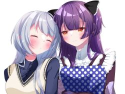 Rule 34 | 2girls, apron, black bow, black ribbon, blunt bangs, blush, bow, closed eyes, dress, highres, iroha wds, long hair, multiple girls, nekoashi tsubomi, polka dot, polka dot background, polka dot dress, purple hair, red eyes, ribbon, senju iroha, shirt, sleeping, smile, striped background, striped clothes, striped shirt, two side up, upper body, world dai star