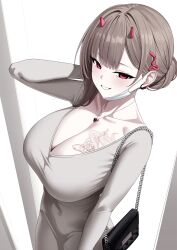 1girl absurdres bag breast_tattoo breasts cleavage collarbone dongtan_dress dress goddess_of_victory:_nikke grey_dress grey_hair grin highres huge_breasts jewelry long_sleeves mask meme_attire mouth_mask necklace pink_hair simple_background smile solo tattoo tewaki viper_(nikke) white_background