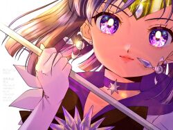 bishoujo_senshi_sailor_moon black_hair blunt_bangs bow brooch choker circlet earrings glaive_(polearm) gloves jewelry lips magical_girl polearm purple_eyes purple_sailor_collar sailor_collar sailor_saturn sailor_senshi_uniform short_hair silence_glaive silverlight0101 skirt star_(symbol) star_brooch star_choker tomoe_hotaru weapon white_gloves