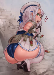 ! !! 1girl artist_name ass ass_focus bikini blue_bikini boots bullet cropped_shirt eyelashes female_focus from_behind full_body glasses gloves goddess_of_victory:_nikke green_eyes green_gloves hat high_heels highres holding holding_weapon huge_ass long_hair looking_back looking_down miniskirt neon_(nikke) one-piece_swimsuit open_mouth ourobot outdoors outstretched_arm shirt short_sleeves skirt solo squatting swimsuit swimsuit_under_clothes teeth thick_thighs thigh_boots thighs tongue weapon white_boots white_hair white_hat white_shirt
