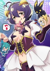 4girls absurdres ahoge black_hair blonde_hair blue_eyes blush bow breasts chibi closed_eyes corset drill_hair embarrassed green_hair hair_bow hanabishi_haruka highres hiiragi_utena in_palm licking_lips long_hair magia_baiser mahou_shoujo_ni_akogarete medium_breasts minakami_sayo mini_person minigirl mouth_hold multiple_girls musical_note nail_polish navel official_art pink_hair revealing_clothes short_hair simple_background skirt smile spoken_musical_note tenkawa_kaoruko tongue tongue_out venalita yellow_eyes