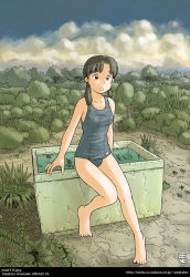 00s 1girl 2004 artist_name awatake_takahiro barefoot black_hair cloud dated feet female_focus landscape looking_at_viewer low_twintails one-piece_swimsuit outdoors school_swimsuit sky solo swimsuit toes twintails water watermark web_address