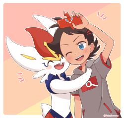 1boy ;d arm_up blush border brown_hair cinderace commentary gen_4_pokemon gen_8_pokemon goh_(pokemon) grey_shirt highres holding holding_phone male_focus nintendo notice_lines one_eye_closed open_mouth phone pokemon pokemon_(anime) pokemon_(creature) pokemon_journeys pokesumomo rotom rotom_phone selfie shirt short_hair short_sleeves smile teeth tongue twitter_username upper_teeth_only watermark white_border
