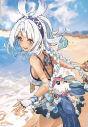 1girl bare_arms beach blue_hair blue_hairband blue_skirt body_markings bracelet braid breasts chinchilla_ears dark-skinned_female dark_skin day die_suki fingerless_gloves fish-shaped_pupils genshin_impact gloves hairband highres jewelry low_twin_braids medium_breasts miniskirt mualani_(genshin_impact) multicolored_hair open_mouth outdoors red_eyes skirt solo summer tan tan_tattoo twin_braids two-tone_hair white_gloves white_hair
