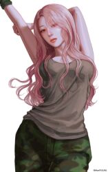 Rule 34 | 1girl, aespa, arms up, closed mouth, cowboy shot, eyeshadow, giselle (aespa), hair over one eye, highres, k-pop, long hair, maepsigirl, makeup, pants, pink hair, real life, simple background, solo, tank top, twitter username, white background, wristband