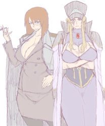 1girl bad_id bad_pixiv_id balalaika_(black_lagoon) balalaika_(black_lagoon)_(cosplay) balalaika_(cosplay) black_lagoon blonde_hair blue_eyes blush breasts burn_scar cigar cleavage cleavage_cutout clothing_cutout coat coat_on_shoulders cosplay costume_switch cowboy_shot crossed_arms crossover curvy dress facing_viewer formal_clothes forte_stollen forte_stollen_(cosplay) galaxy_angel grin hand_on_own_hip hat huge_breasts jacket large_breasts long_hair looking_at_viewer monocle multiple_girls pantyhose pencil_skirt red_hair round_eyewear scar sidelocks simple_background sketch skirt skirt_suit smile smoking sorashu standing suit white_background